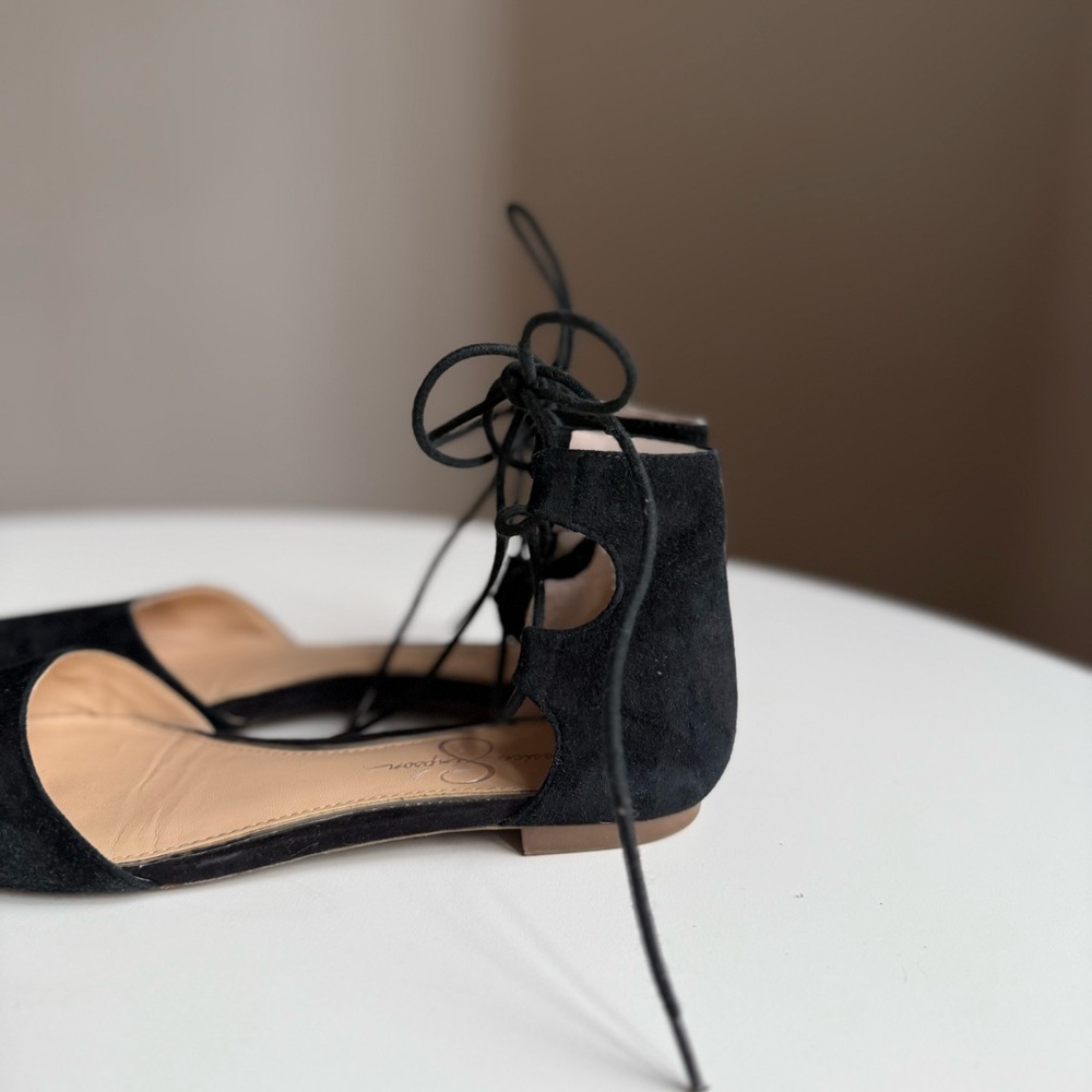 Jessica Simpson Suede Black Lace-Up Flats Size US 7,5 EU 37,5 Ankle Tie - Picture 11 of 14